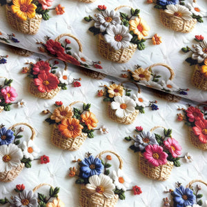 Decorative upholstery fabric with embroidered colourful flowers and baskets on a white background.
