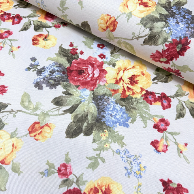Vintage Floral Fabric, Yellow Red Rose Flower Upholstery Curtain Fabric