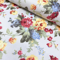 Vintage Floral Fabric, Yellow Red Rose Flower Upholstery Curtain Fabric