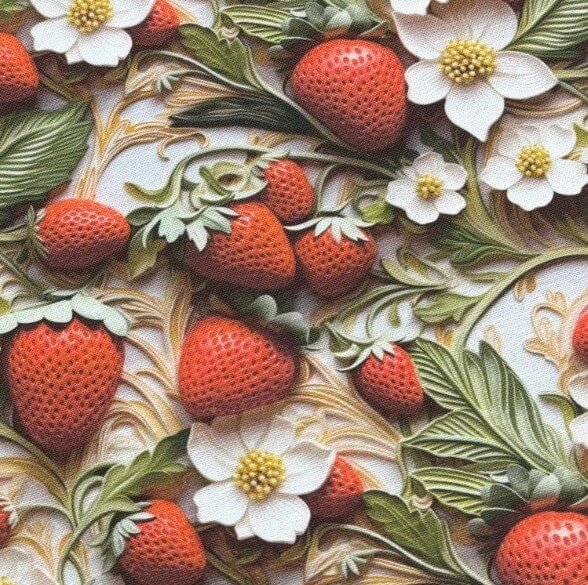 Red strawberries and white flowers patterned upholstery fabric.