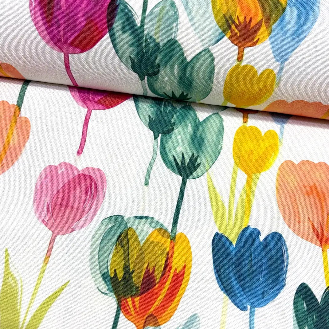 Watercolour tulip patterned upholstery fabric.