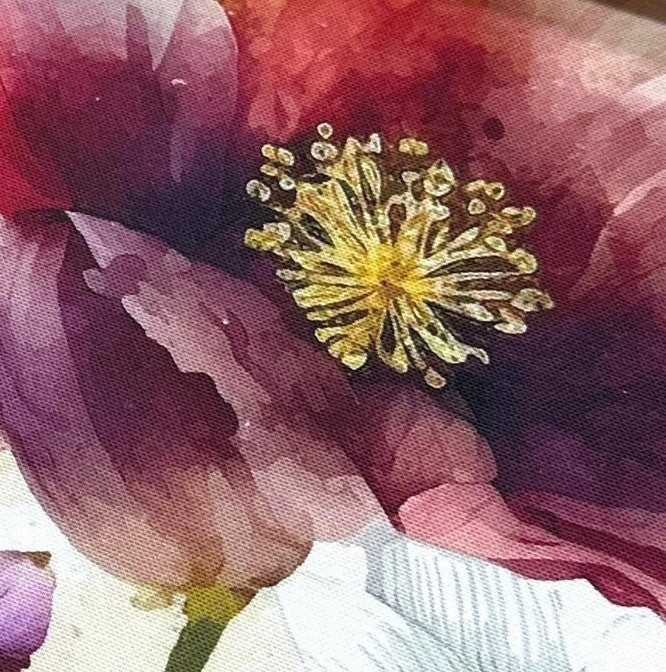 Close-up of a watercolour red poppy fabric. 
