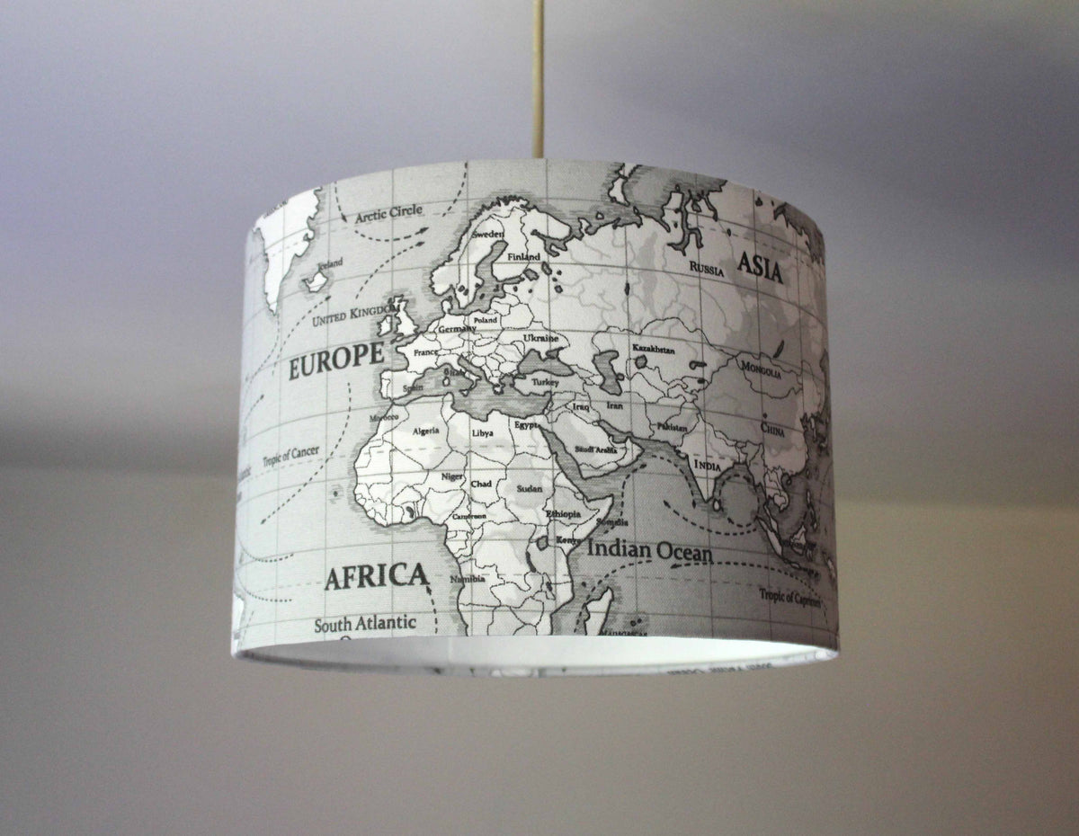 World Map Lamp Shade, Grey Drum Lampshade, Atlas Handmade Pendant Shade