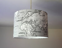 World Map Lamp Shade, Grey Drum Lampshade, Atlas Handmade Pendant Shade