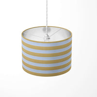 Striped ceiling lampshade with yellow and white stripes on a white background.