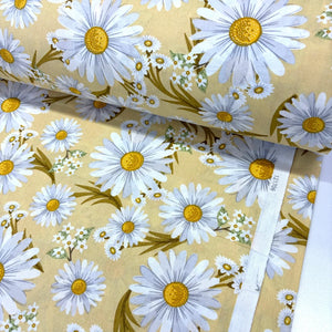 Daisy cotton poplin fabric featuring large white daisies with yellow centres on a mustard yellow background.