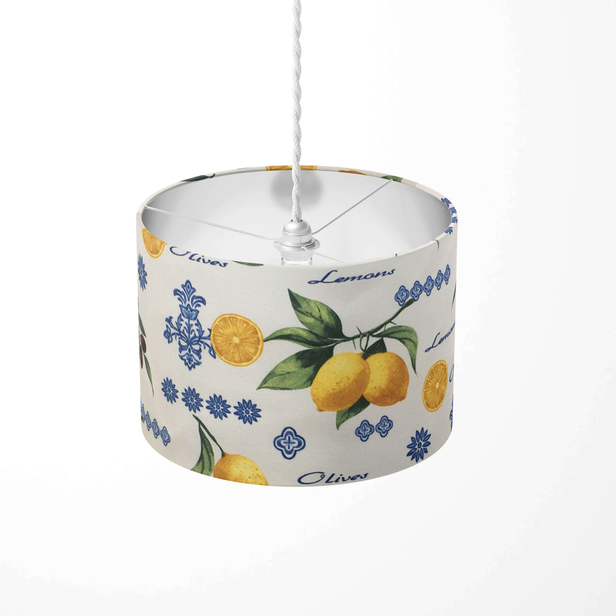 Decorative pendant lampshade with yellow lemons, green leaves and blue ornaments pattern on a white background.