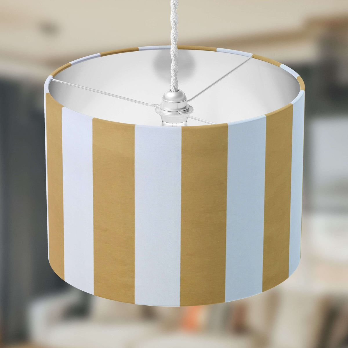 Modern yellow and white striped ceiling lampshade.