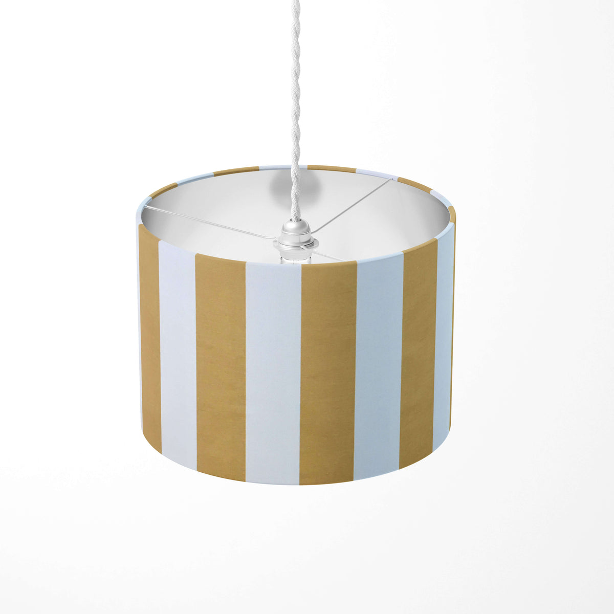 Gold and white vertical large stripe patterned ceiling lampshade on a white background.