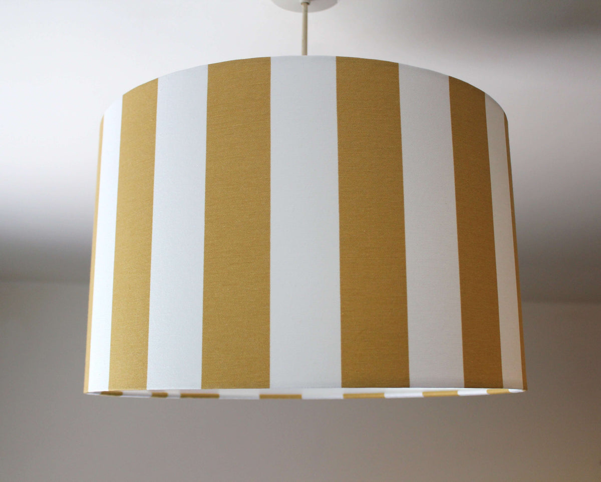 Contemporary mustard yellow and white large striped drum ceiling lampshade.
