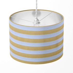 A drum lampshade featuring horizontal yellow and white stripes, suitable for table and floor lamp, or ceiling pendant.