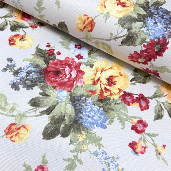 Vintage Floral Fabric, Yellow Red Rose Flower Upholstery Curtain Fabric