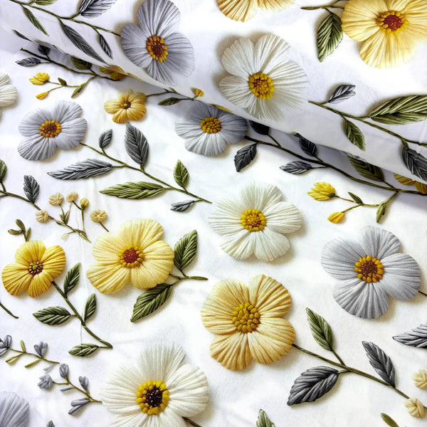 Yellow and grey floral cotton poplin fabric featuring embroidered-look flowers and botanical leaves on a white background.