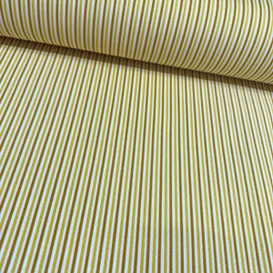 Mustard yellow and white thin stripe cotton canvas fabric for upholstery curtain soft furnishing and home decor.