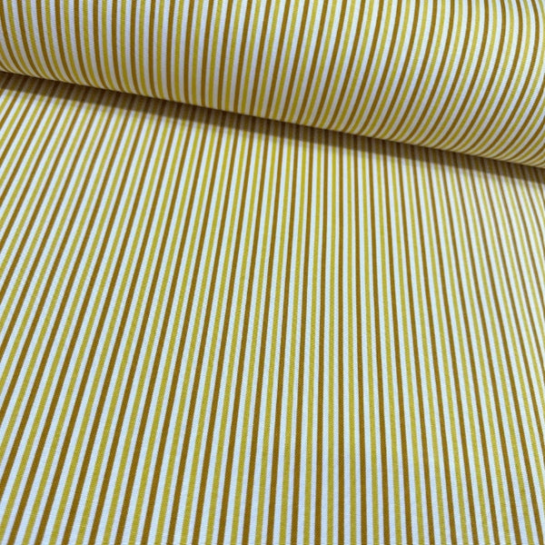 Mustard yellow and white thin stripe cotton canvas fabric for upholstery curtain soft furnishing and home decor.