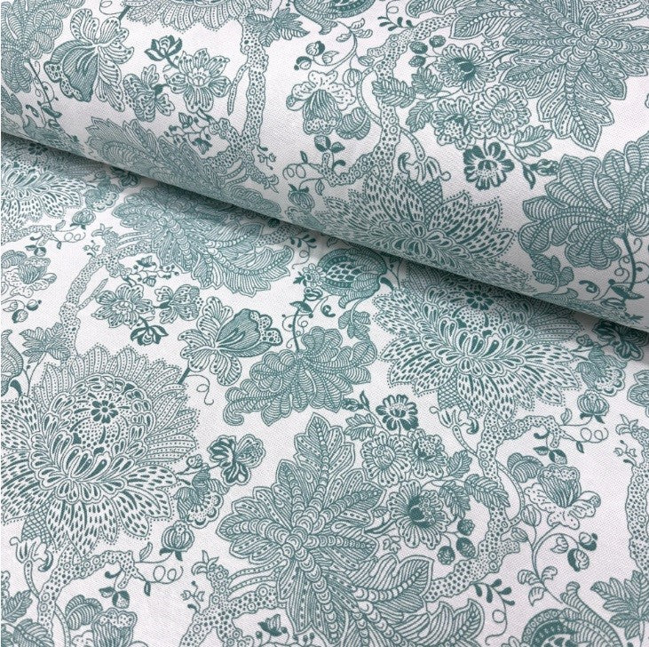 Duck egg line drawing fabric patterned with flowers roses and leaves