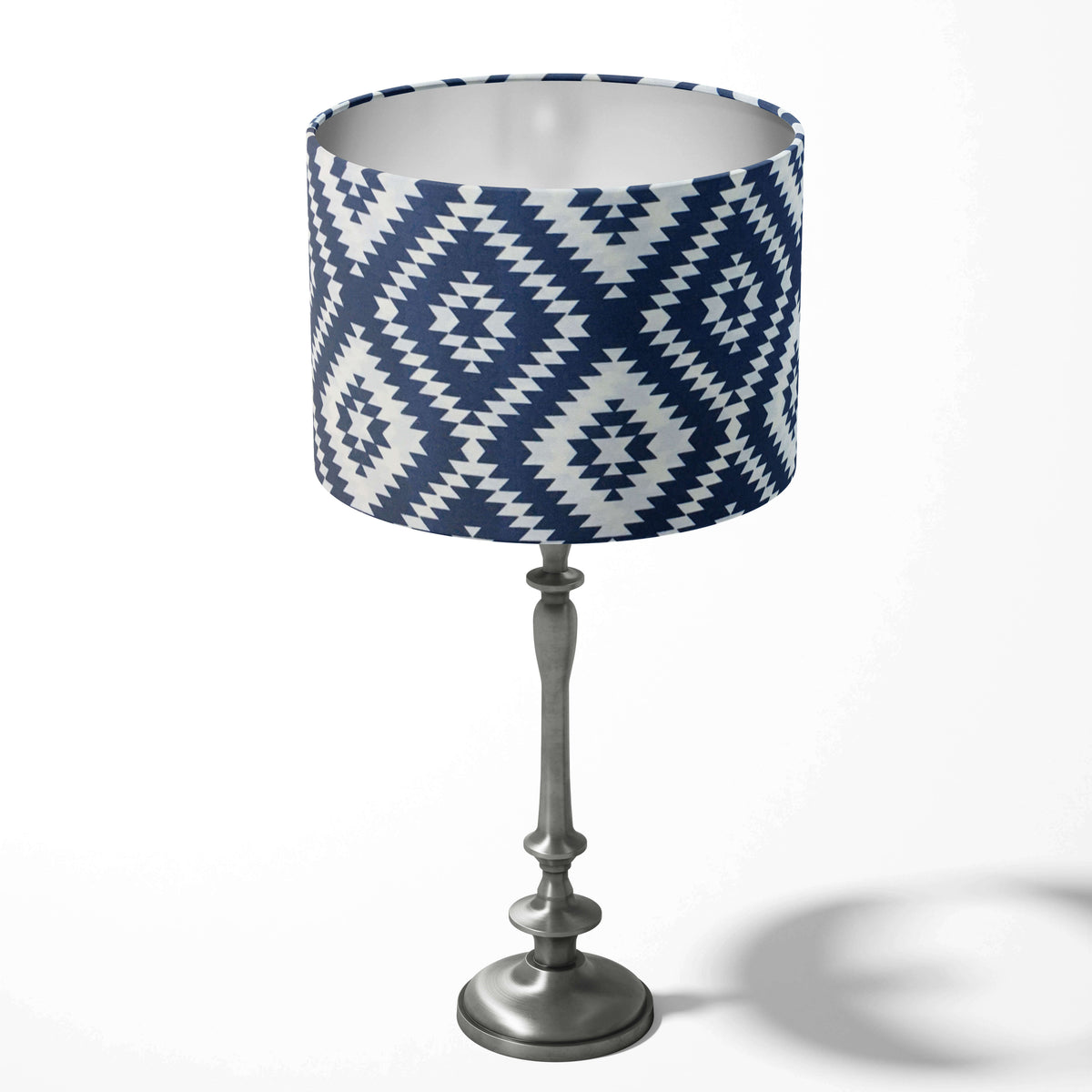 Boho american native lampshade in navy blue and white.