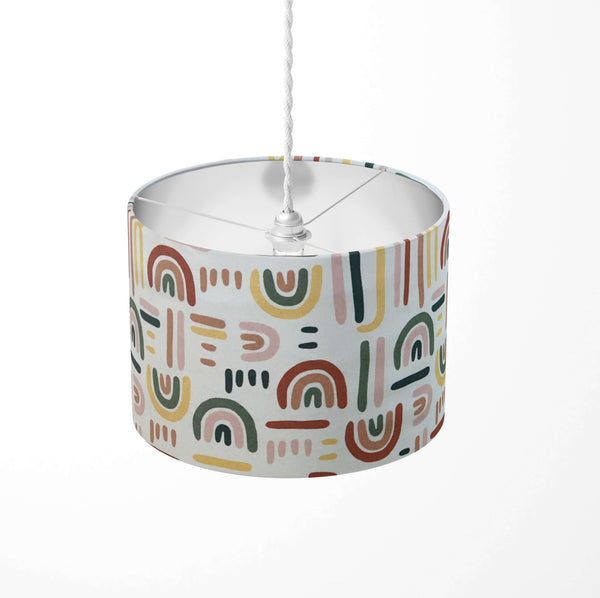 Rainbow nursery kids ceiling lampshade in red, yellow, green, pink, orange and white.