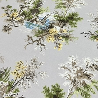 Beige, green, blue and yellow landscape patterned toile upholstery curtain fabric. 