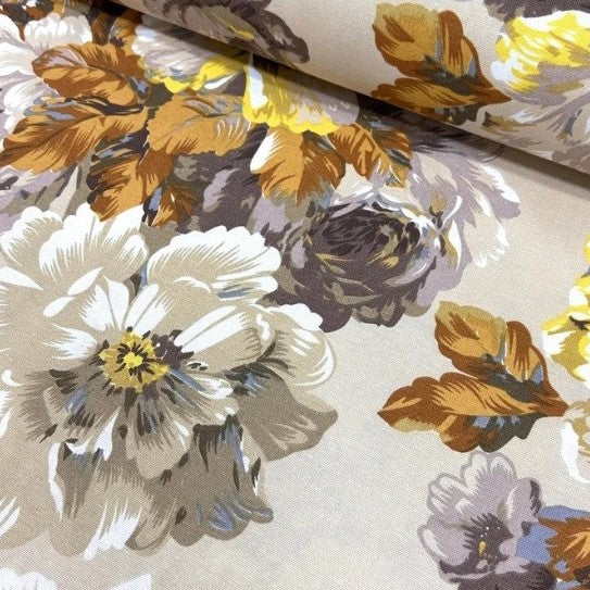 Peony Fabric, Beige Brown Floral Boho Large Print Upholstery Curtain Fabric