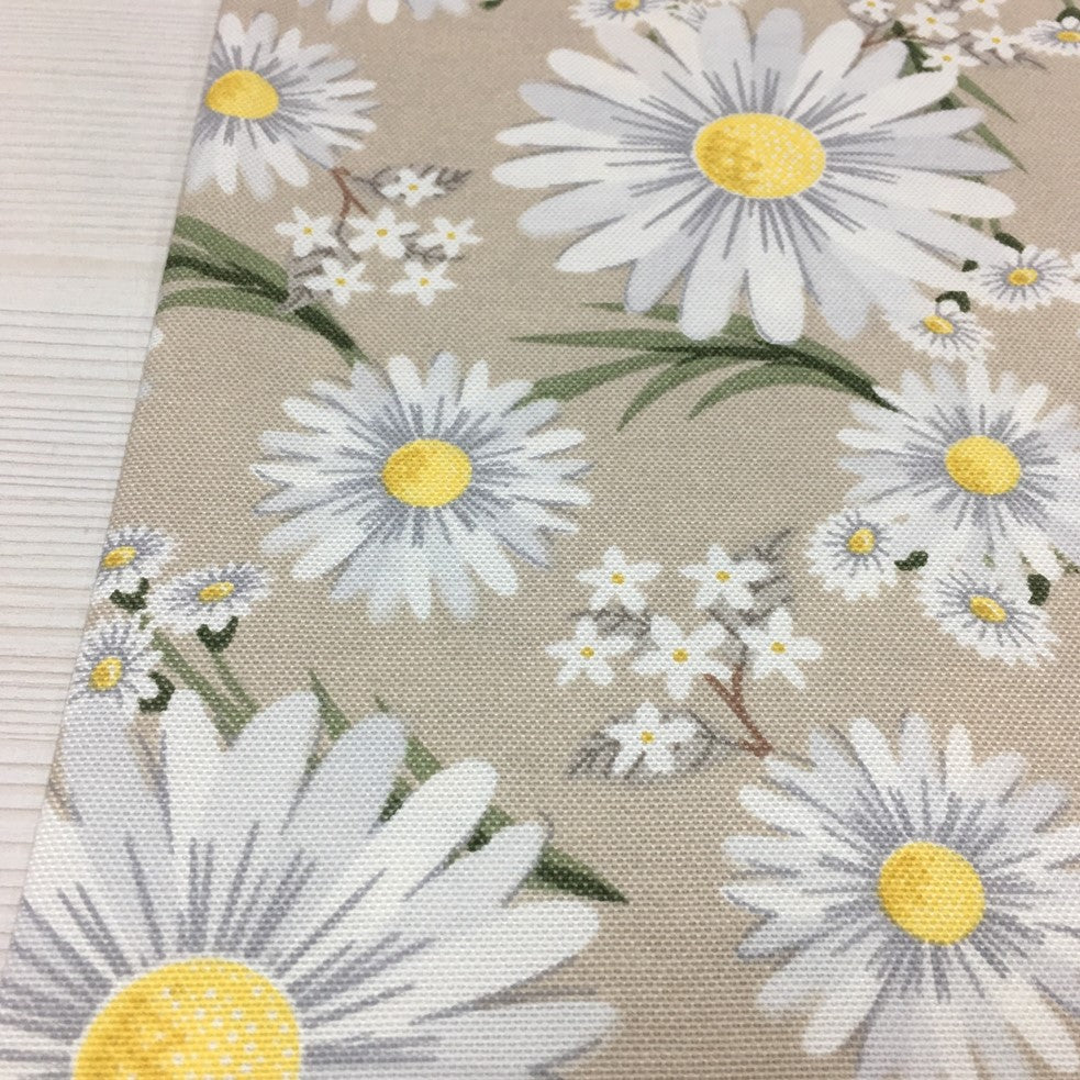 White yellow daisy flower print beige upholstery fabric.