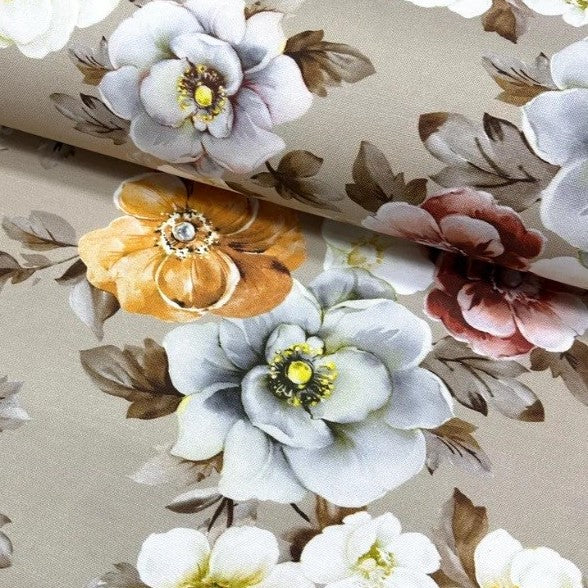 Large flower print fabric in beige, white and yellow for upholstery, curtain making and soft furnishing.