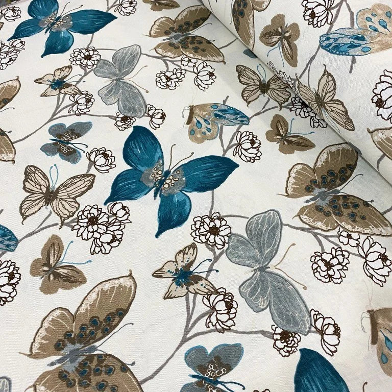 Butterfly Print Fabric, Animal Upholstery Fabric, Blue White Fabric