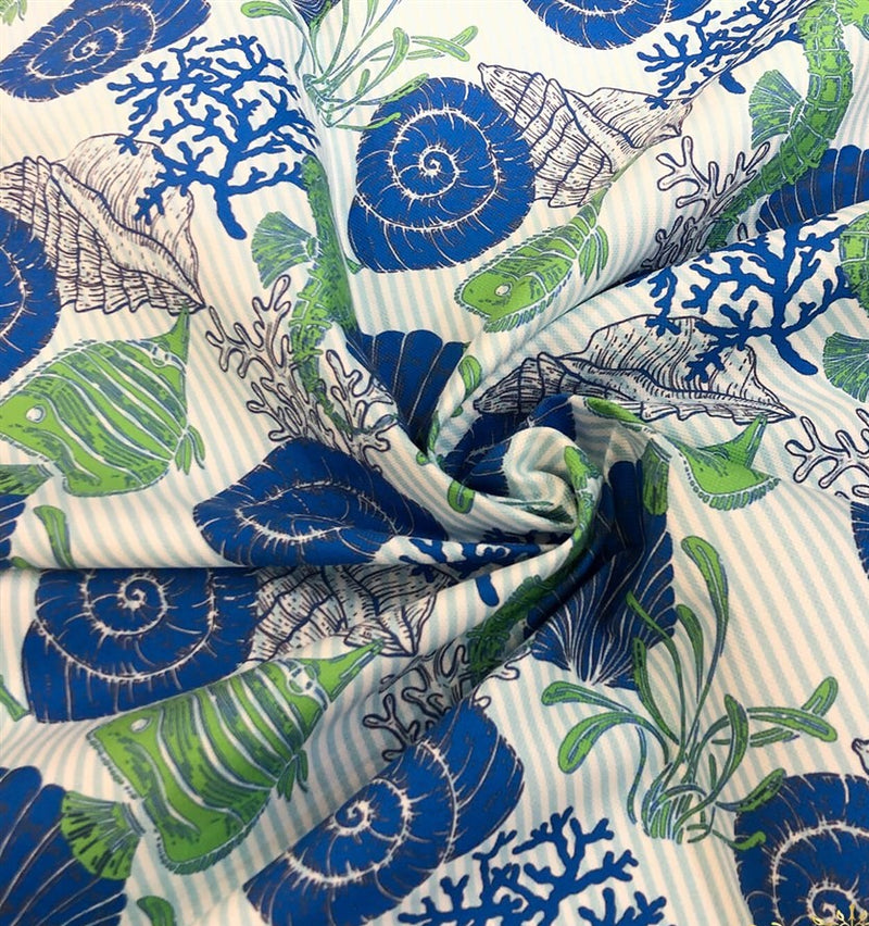 Seashell Fabric, Blue Green Coastal Ocean Reef Seahorse Upholstery Fabric