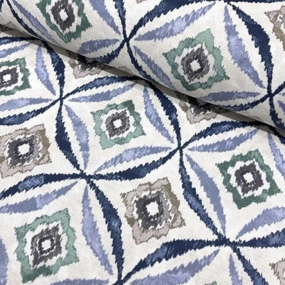 Blue and green moroccan ikat upholstery fabric.