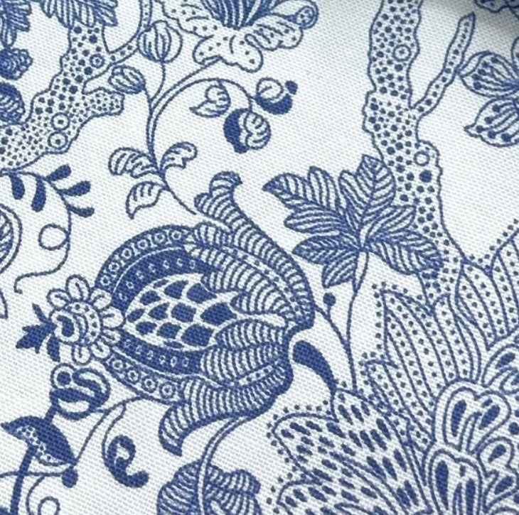 Illustration Fabric, Blue White Retro Floral Line Drawing Upholstery Fabric