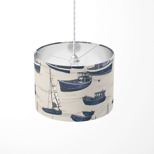 Indigo blue and white maritime sailboat patterned ceiling lampshade.