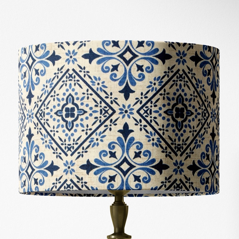 Tile Print Lampshade, Blue White Lamp Shade, Spanish Moroccan Ceramic Lampshade