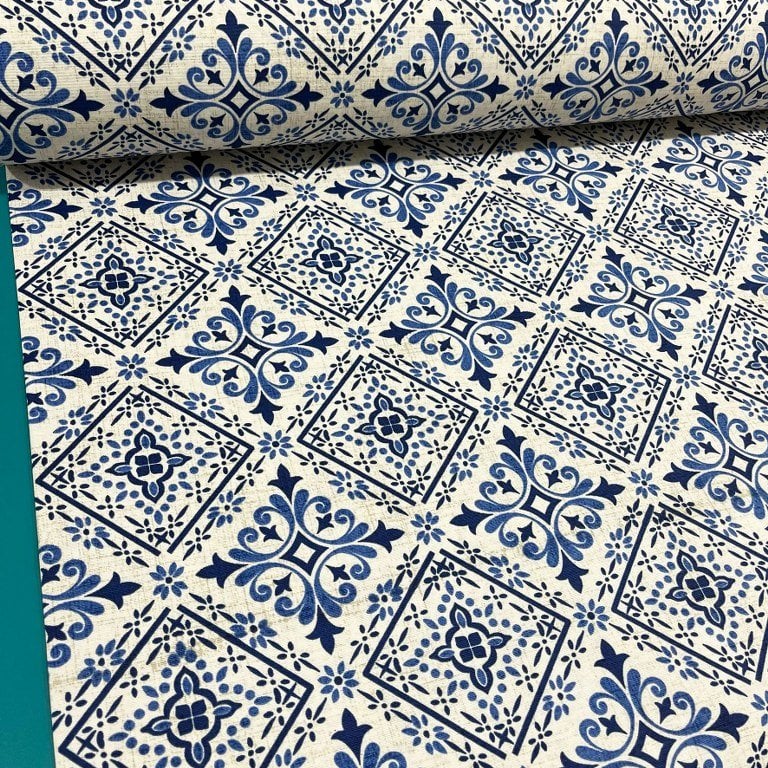 Spanish Tile Fabric, Blue White Mosaic Moroccan Ceramic Upholstery Fabric