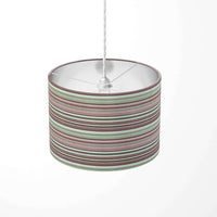 Dusty pink striped pendant light shade with a white background.