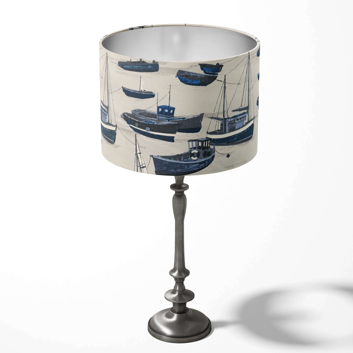 Nautical sailboat patterned navy blue and white table lampshade.