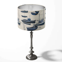 Nautical sailboat patterned navy blue and white table lampshade.