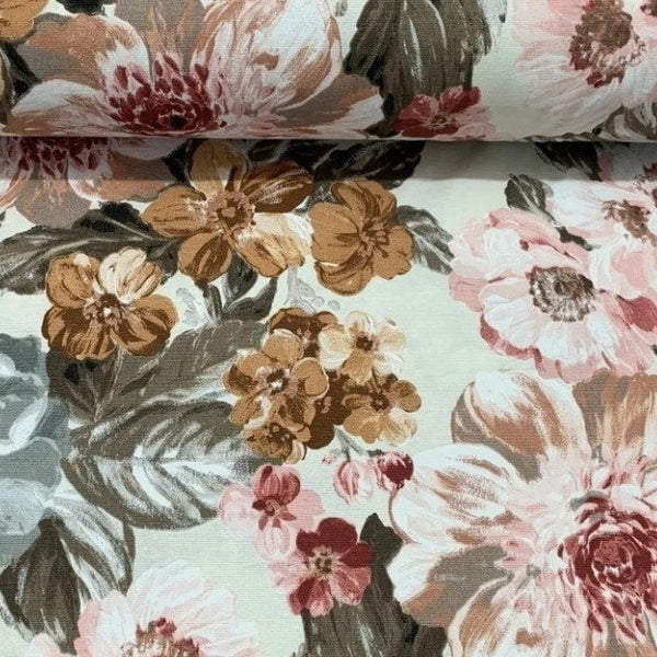 Large print boho floral cotton canvas upholstery curtain fabric in brown, pink, khaki and cream.