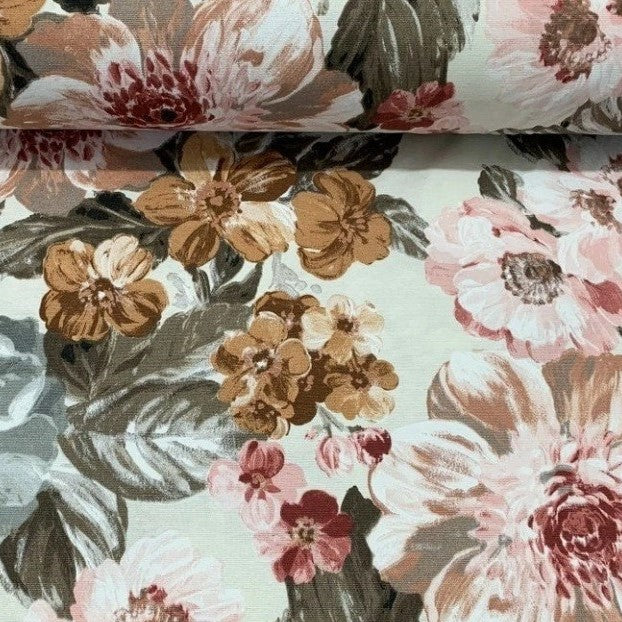 Large Floral Upholstery Fabric, Boho Retro Watercolour Brown Flower Fabric