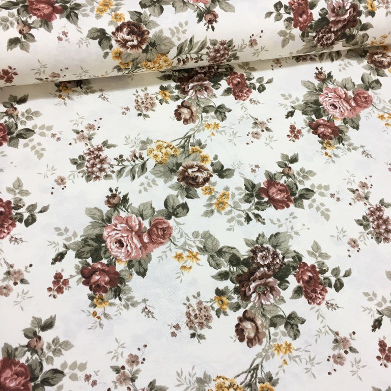 Brown flower print cotton canvas upholstery fabric with shabby chic roses.