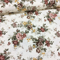 Brown flower print cotton canvas upholstery fabric with shabby chic roses.