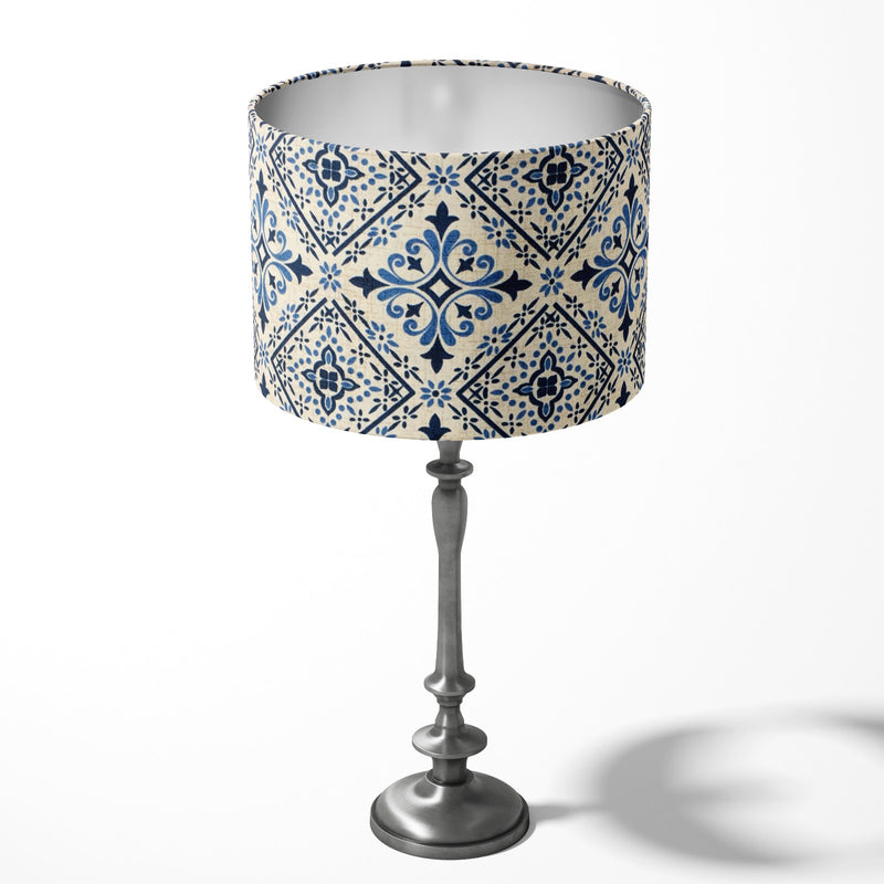 Tile Print Lampshade, Blue White Lamp Shade, Spanish Moroccan Ceramic Lampshade