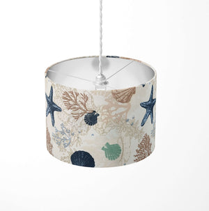 Beige and navy blue coastal sea shell, starfish, reef pattern ceiling lampshade.