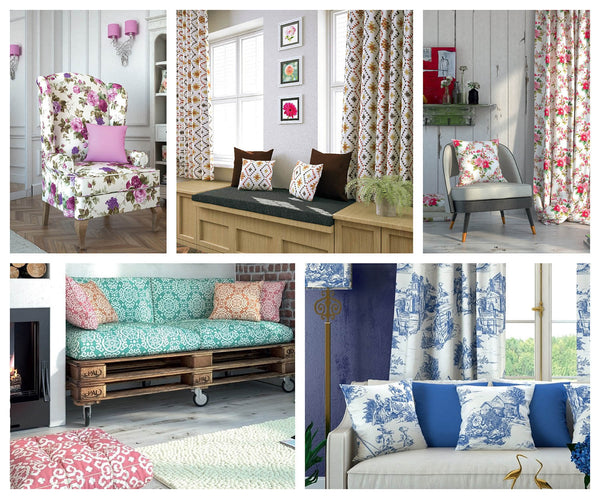 Collage of various living room scenes with floral and patterned furniture and decor.