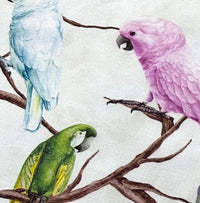 Green, pink and baby blue parrot fabrics on a white background.