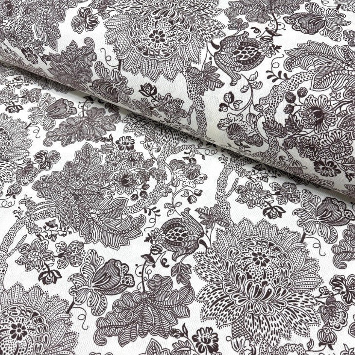 Hand drawn dark brown floral fabric suitable for upholstery curtain soft furnishing and outdoor decor