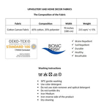 Fabric composition and washing instructions with OEKO-TEX and Bionic Finish logos on a white background.