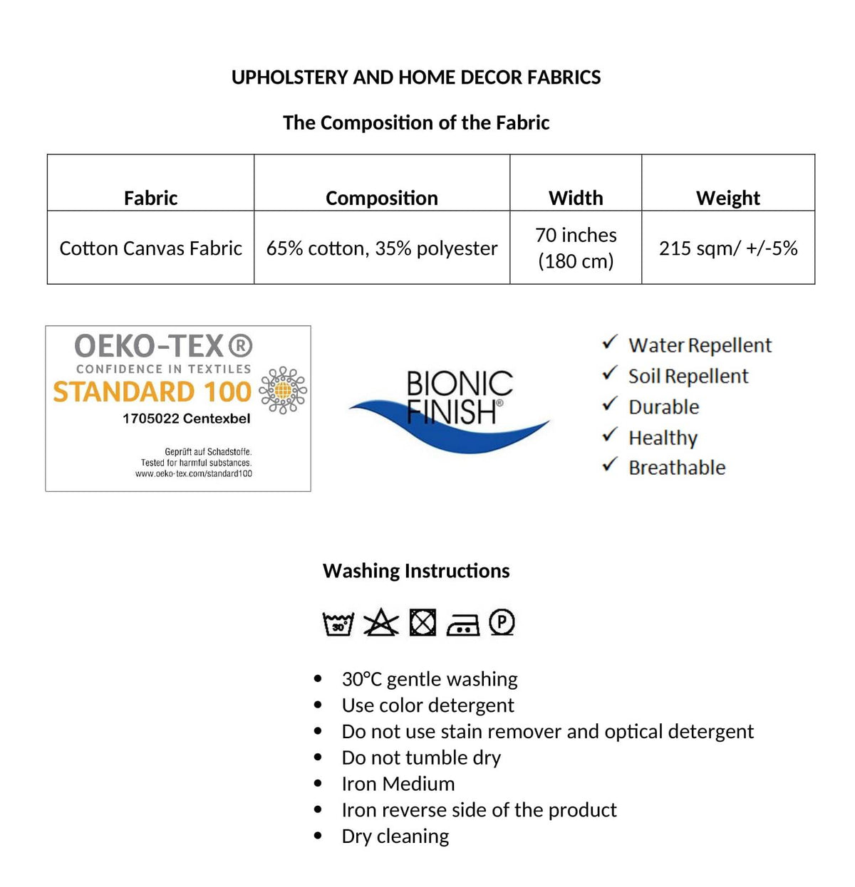 Fabric composition and washing instructions with OEKO-TEX and Bionic Finish logos on a white background.