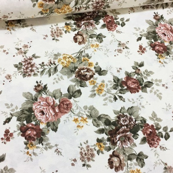 Vintage brown roses and sage green leaves fabric for upholstery, curtain and soft furnishing.