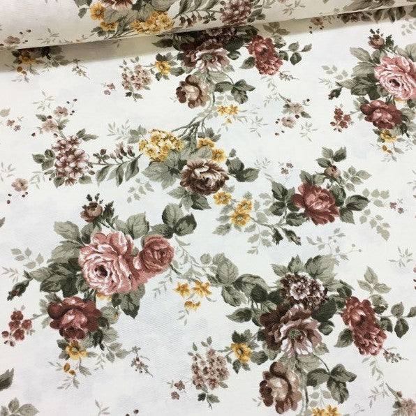 Brown Floral Upholstery Fabric, Country Cottage Rose Print Curtain Fabric