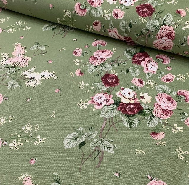 Green Roses Fabric, Pink Floral Upholstery Fabric, Country Curtain Fabric